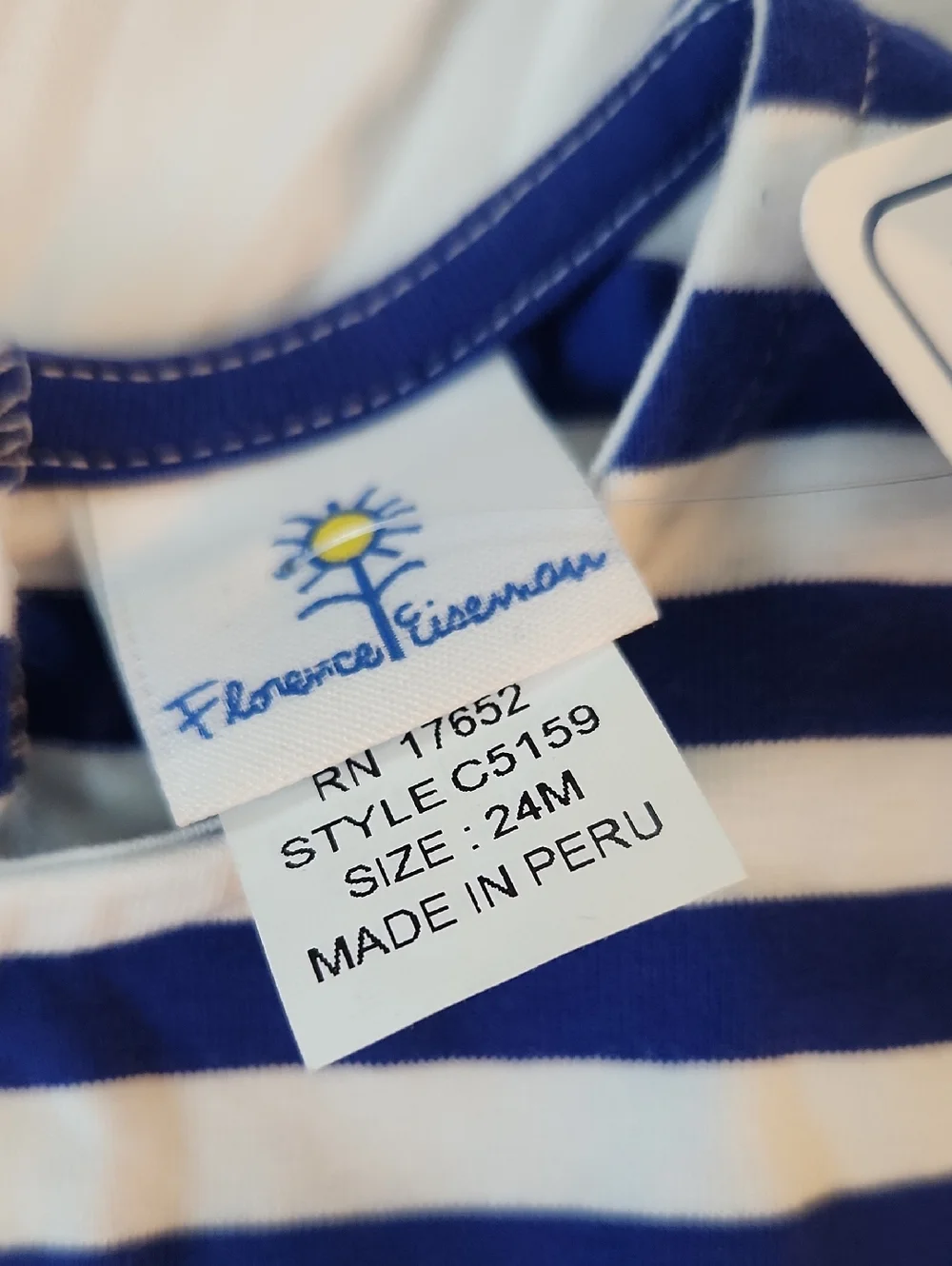 Florence Eiseman Navy & White Striped Baby Romper with Yellow Sun Logo